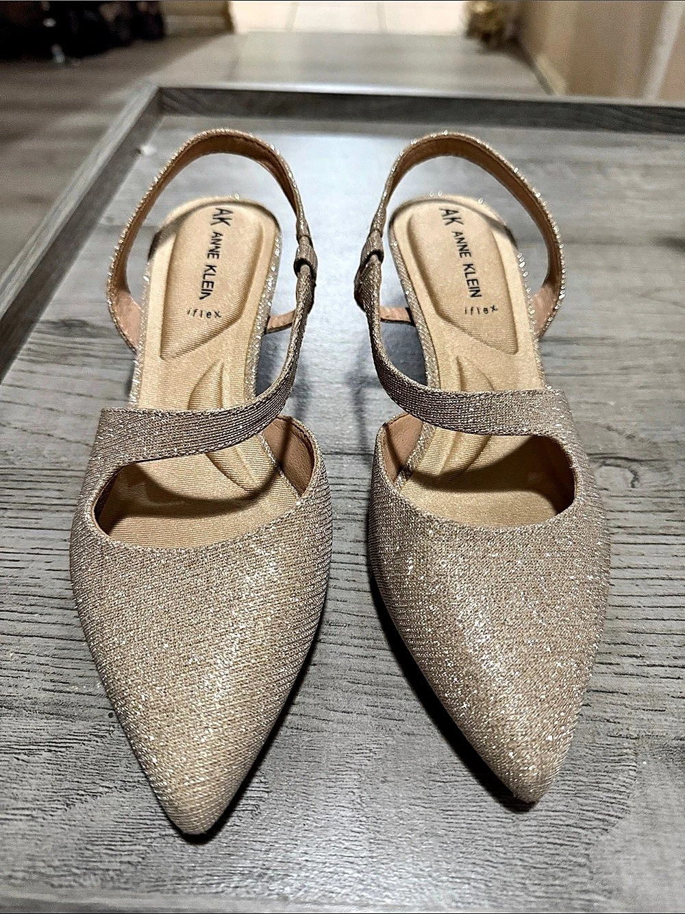 Anne Klein Gold Pointed Toe Slingback Heels US 5.5